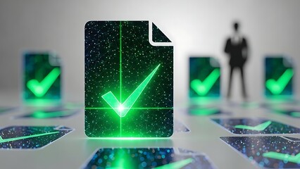 Digital document approval process with glowing green check marks for modern business workflows and efficient task management solutions in tech industries