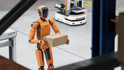 3D Render: Portrait of Autonomous AI-Enabled General Purpose Humanoid Robot Working at Distribution Center. Automated Fulfillment Center or Warehouse. Industrial Automation by Artificial Intelligence