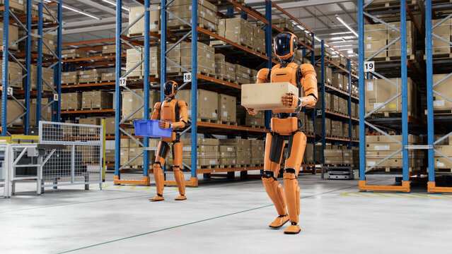 3D Render: Autonomous AI-Powered General Purpose Humanoid Robots Working at Distribution Center. Automated Fulfillment Center or Warehouse. Industrial Automation Powered by Artificial Intelligence