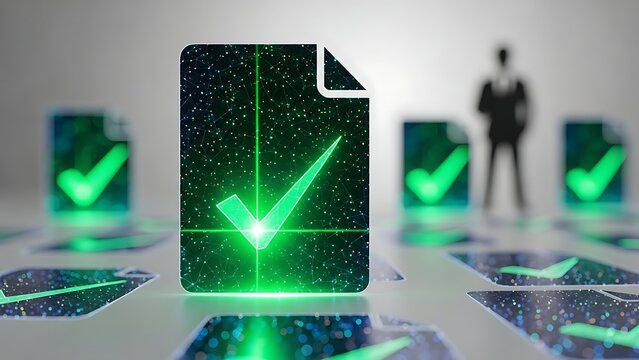 Digital document approval process with glowing green check marks for modern business workflows and efficient task management solutions in tech industries - Powered by Adobe
