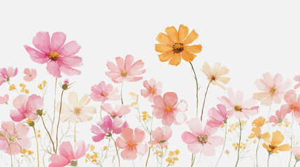 Fototapeta premium watercolor botanical cosmos flowers texture template background.Elegant wedding invitation card background . Minimal hand painted Design for wedding or Valentine's Day