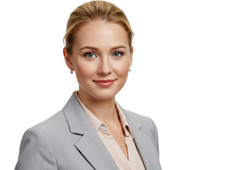 Professional portrait of a young caucasian woman smiling confidently in business attire transparent background