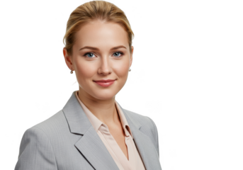Professional portrait of a young caucasian woman smiling confidently in business attire transparent background