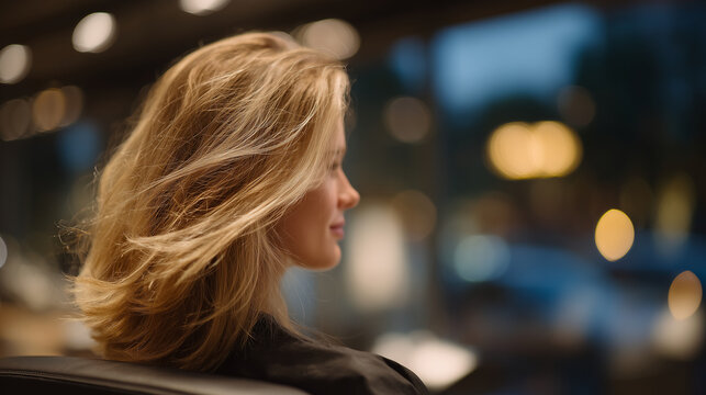 Hair flowing as blonde woman turns in salon chair, mirrors reflecting warm lighting, modern styling stations blurred in background, fashion photography composition - Powered by Adobe