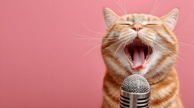 Orange striped feline passionately sings or shouts into a professional microphone against a solid pink background