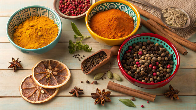 Aromatic spices in colorful bowls on a wooden table create a vibrant and flavorful culinary still life composition