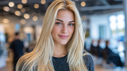 Obraz premium Stylish woman with long straight blonde hair, salon environment with clean lines and modern furniture, soft-focus stylist in background, beauty editorial feel
