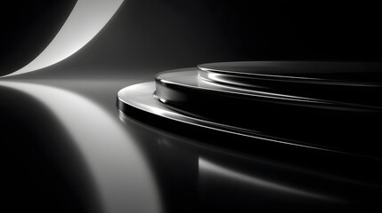 Tiered circular platform gleams under dramatic  lighting against a dark backdrop