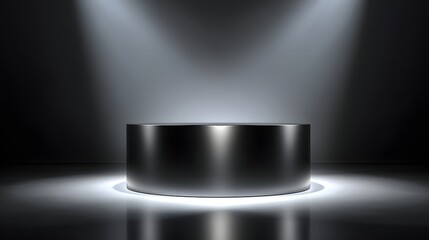 Shiny metallic cylindrical pedestal illuminated by dramatic spotlights against a dark background
