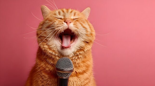 Ginger feline expresses loud vocalization into a stand mounted microphone
