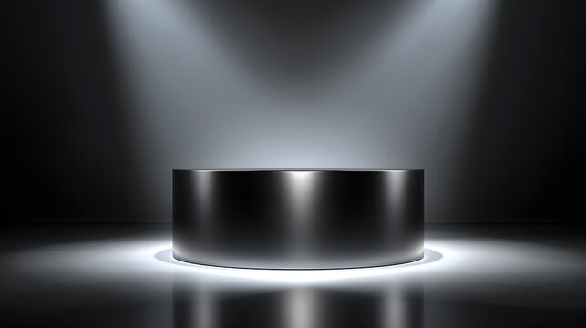 Shiny metallic cylindrical pedestal illuminated by dramatic spotlights against a dark background
