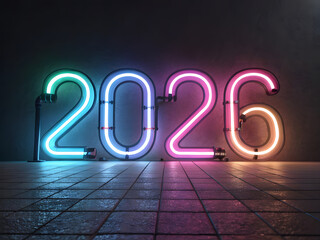 Glowing neon 2026 number colorful illuminated digits for new year celebration on dark background