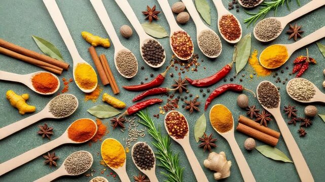 Various spices in wooden spoons on a green background, top view