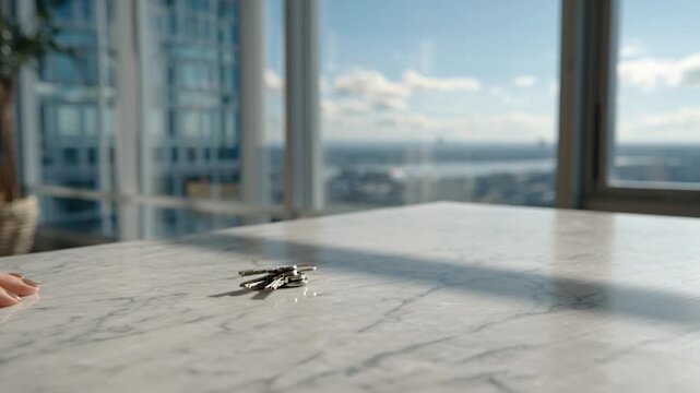 Hand dropping keys on marble table with city view.