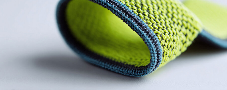 Macro shot of a neon green resistance band with blue trim. Illustrates strength, flexibility, and fitness. Perfect for health, wellness, workout, or physical therapy related content.