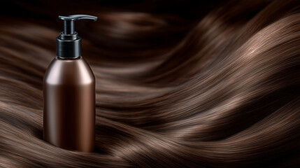 Naklejka premium Sleek hair care bottle with pump dispenser, chestnut brown shiny hair strands flowing beside it, soft studio lighting highlighting smooth textures, professional beauty concept