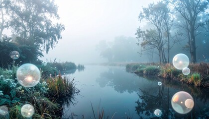 a beautiful magical mysthical foggy pond with bubbles in a forest