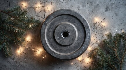 heavy barbell plates lies on a concrete floor surrounded by pine branches and glowing holiday lights