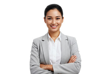 Smiling asian businesswoman in a grey suit isolated on transparent background