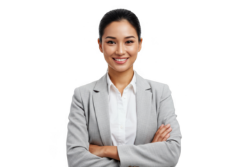 Smiling asian businesswoman in a grey suit isolated on transparent background