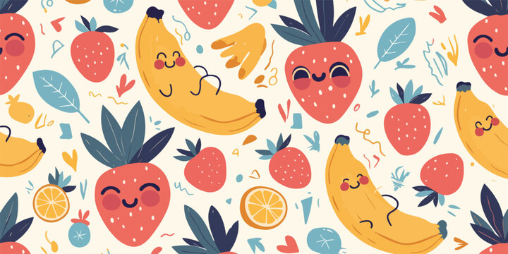 Patr&oacute;n vectorial de frutas sonrientes y alegres, fresas y pl&aacute;tanos con caras adorables.