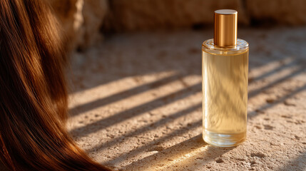 Bottle of luxury hair treatment with smooth colored hair strands, minimalistic background, warm soft lighting creating high-end beauty branding look