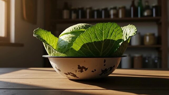 Close-up of a leafy cabbage in a patterned bowl on a wooden table