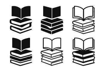 Novel Icon Variations. Pile of novels. Icon set. Set Logo of pile of novels: Open book on top of pile. harmonious logo variations of the same emblematic