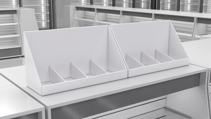 Close-up of empty display organizer boxes with dividers on supermarket countertop. 3d illustration
