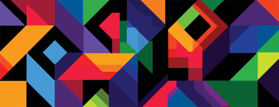 Fondo abstracto vectorial con un patr&oacute;n geom&eacute;trico vibrante de formas superpuestas en una paleta de colores brillantes y modernos.