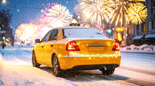 A yellow taxi drives through the city during a snowfall, with fireworks in the background