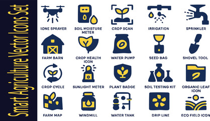 Smart Agriculture Icons Set: A comprehensive collection of agriculture-related icons, perfect for representing modern farming and agricultural concepts, conveying precision, innovation.