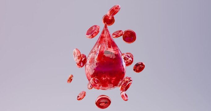 A close-up 3D abstract animation of a drop of blood with red blood cells floating and moving nearby. A microscopic look at blood composition and cellular elements for medical, biological, and scientif