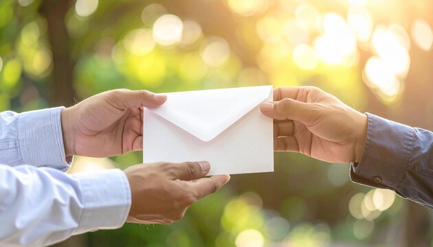 A moment of important exchange as two hands carefully pass a crisp white envelope, signifying crucial communication, confidential delivery, or a significant transaction in a sunlit outdoor setting