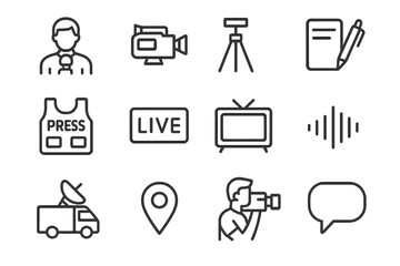Field Reporting Icons. Field reporting. Line icon set of field reporting: reporter with mic, news camera, tripod, notebook, press vest, live icon, TV screen,