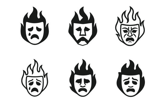 Medea Logo Variations. Medea. Icon set. Set Logo of Medea: mask of tragedy and fire. harmonious logo variations of the same emblematic concept, each with