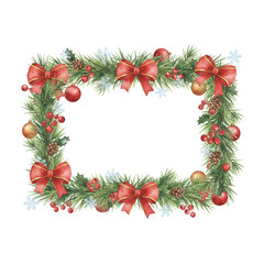 Watercolor Christmas and New Year Pine Wreath Frame with Red Bows and Decorations