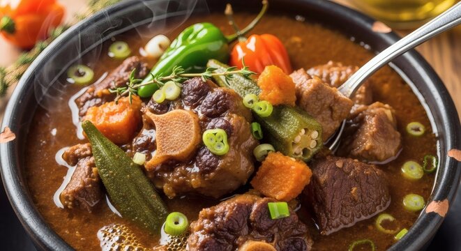 Hearty and flavorful oxtail stew with tender meat, okra, carrots, and vibrant peppers in a rich broth