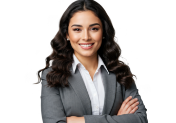 Young confident woman professional business portrait smiling arms crossed studio shot transparent background