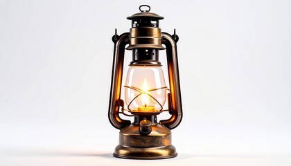 Vintage Rusted Kerosene Lantern with Lit Flame and Glass Enclosure on Weathered Metal Frame