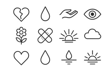 Sadness and Healing Icons. Sadness and healing. Line icon set of sadness and healing: broken heart, teardrop, hand, open eye, flower, bandage, light ray,