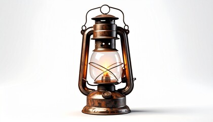 Vintage Rusted Kerosene Lantern with Lit Flame and Glass Enclosure on Weathered Metal Frame