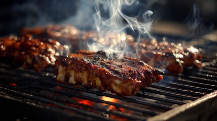 Grilled Ribs with Smoky Aroma on Barbecue Grill Cooking Outdoor with Flames and Smoke, Delicious Meal and Culinary Delight for Summer Gatherings