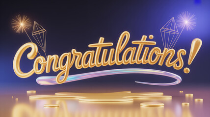 Hyper-realistic 3D liquid gold 'Congratulations!' text with holographic gradient background, gold dust, bokeh lights, Art Deco fireworks, luxurious design.