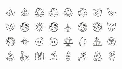 Hand drawn eco friendly icons set with leaves recycling symbols earth sun wind turbine solar panel water drop and plants