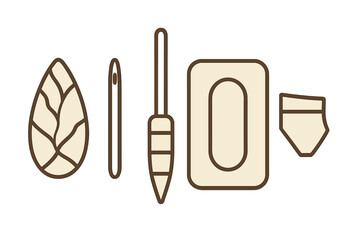 Simple set of sewing and tailoring tools including needle, awl, and fabric patches