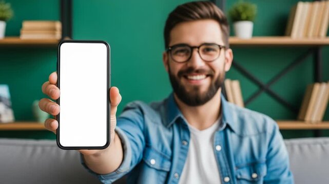 Smiling man holding smartphone with blank screen in hand showing at camera