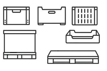 Shipping and storage containers including wooden crates, plastic boxes, and industrial pallet