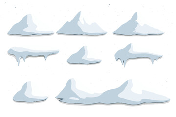 Various white snowdrifts and heaps with frozen icicles isolated on a light background