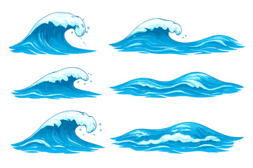 Set of stylized blue ocean waves featuring cresting foam and splashing water
